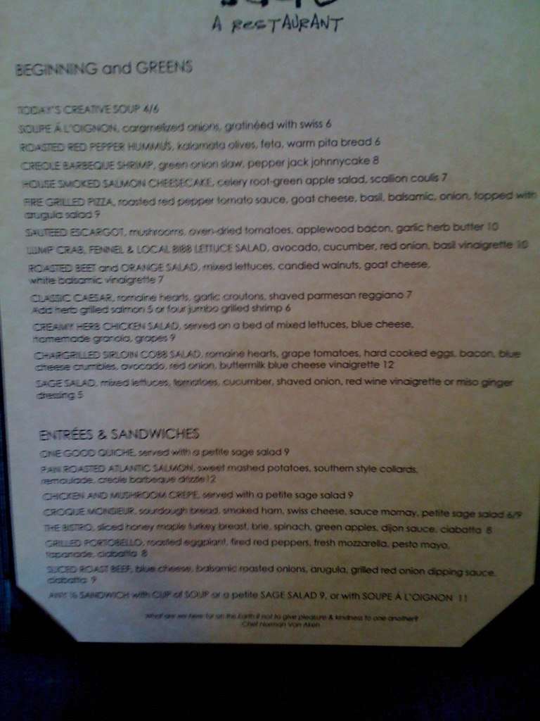 Sage Restaurant Menu, Menu for Sage Restaurant, Tallahassee