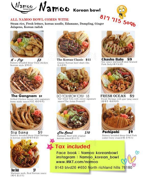 Namoo Korean Bowl Menu Menu For Namoo Korean Bowl North Richland Hills Richland Hills North Richland Hills Richland