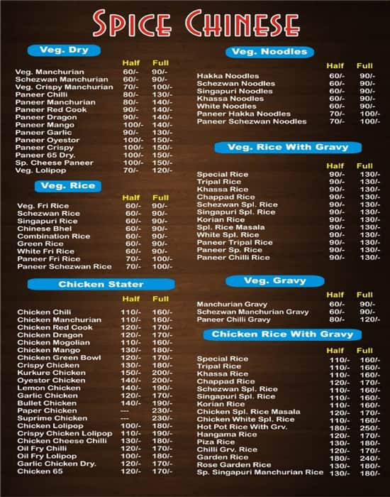 Menu of Spice Chinese, Chowk Bazaar, Surat