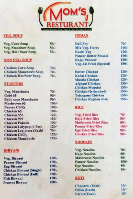 Menu of Mom's Restaurant, Nagole, Hyderabad