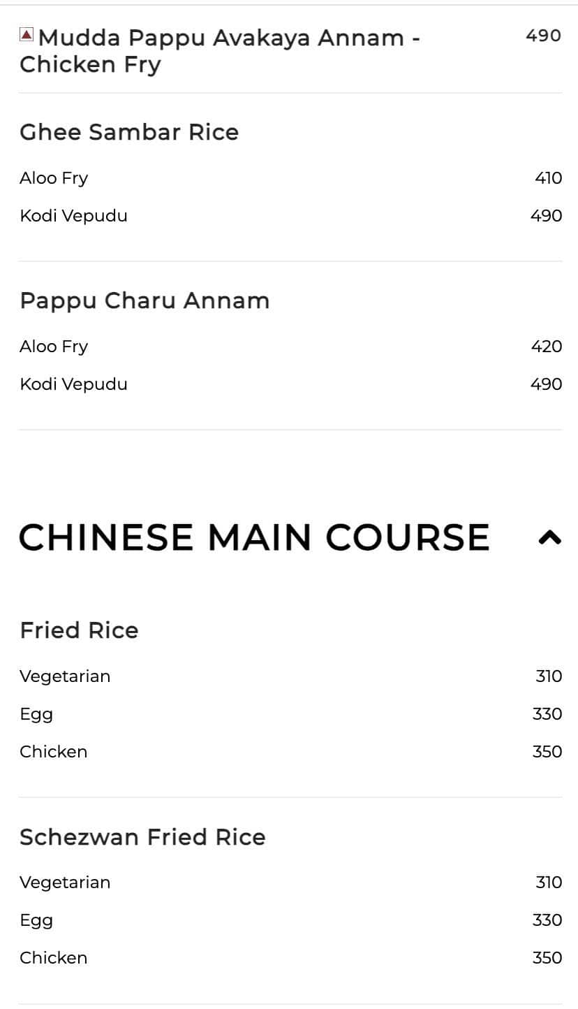 Menu of Telugu Medium, Jubilee Hills, Hyderabad