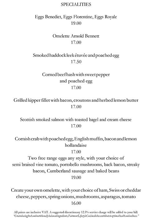 Thames Foyer Savoy Hotel Menu