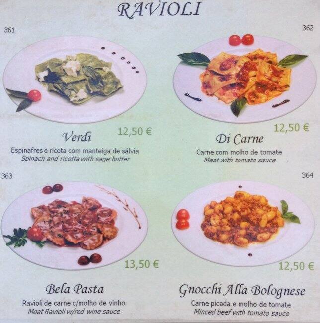 Menu em Bella Pasta restaurante, Lisboa