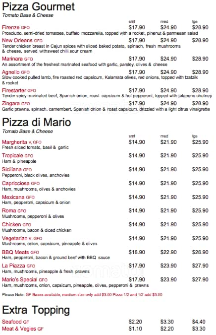 Menu At Marios Italian Restaurant, Broadbeach, Oasis Shopping Centre