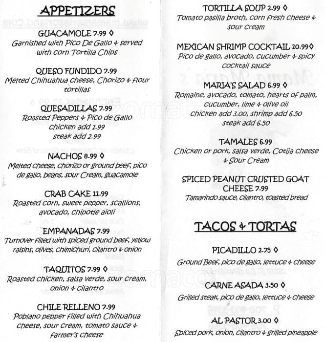 Menu at Mama Maria’s Taco and Tequila Bar, Orland Park