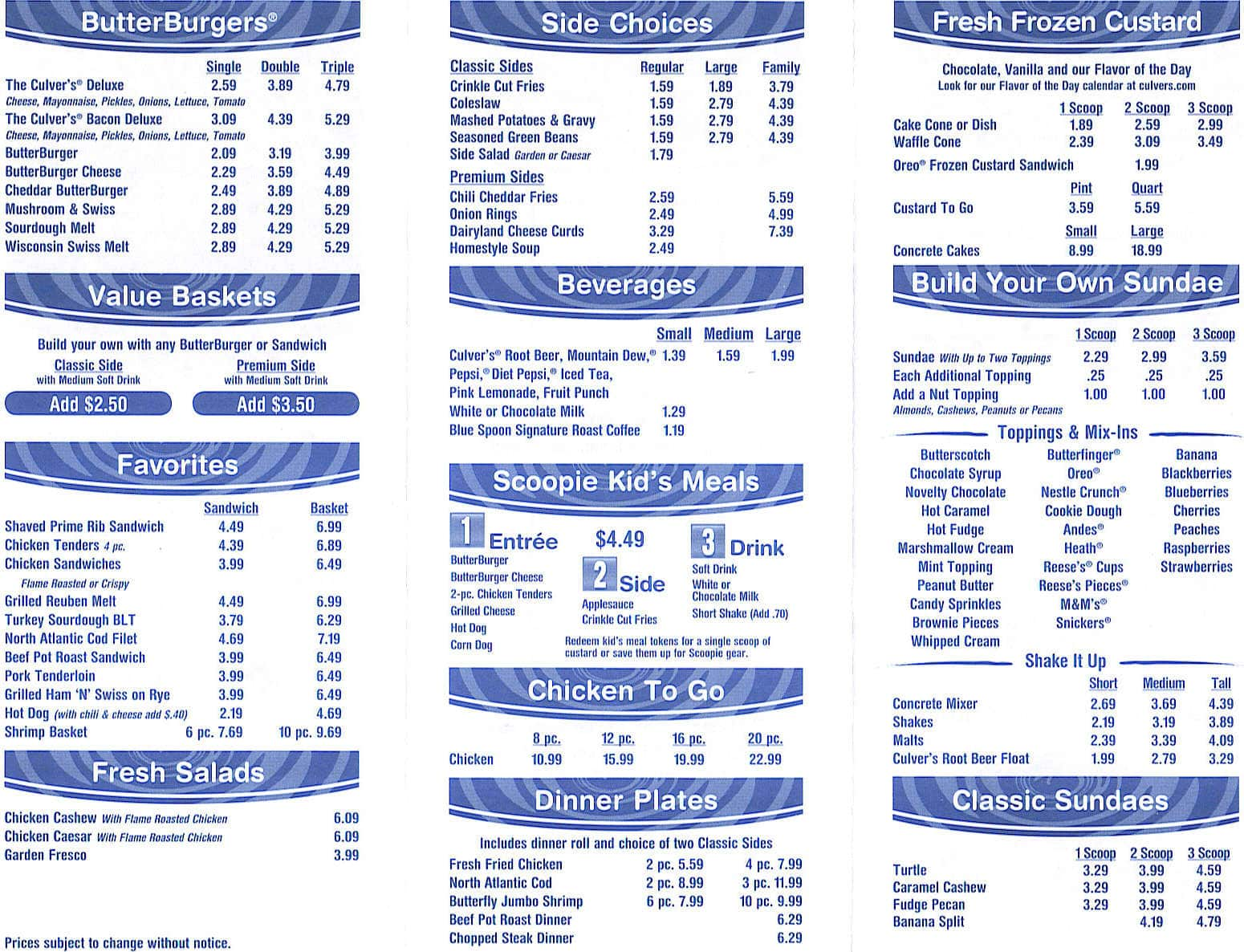 Printable Culvers Menu Customize and Print