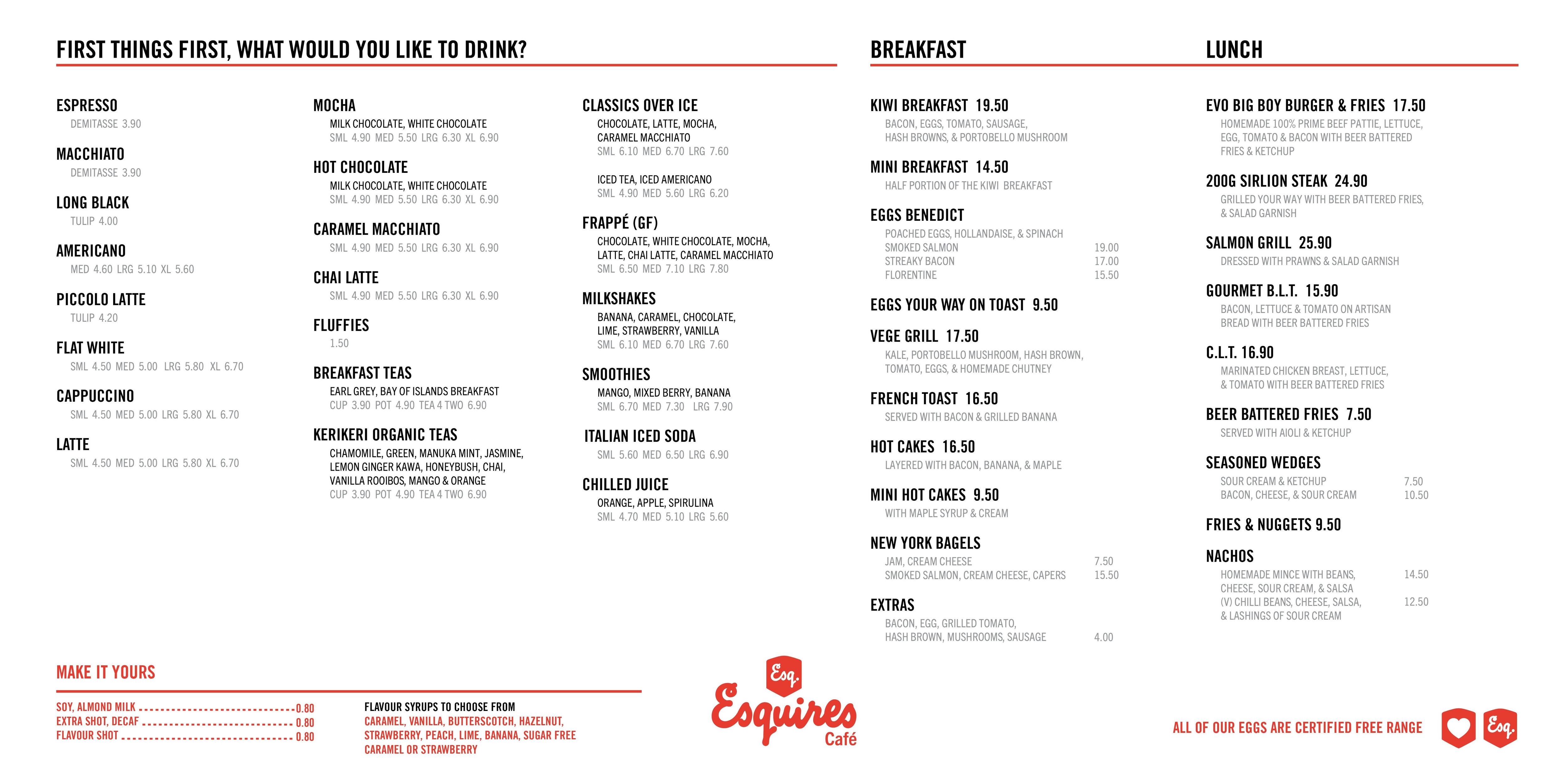 Esquires Coffee Menu, Menu for Esquires Coffee, Henderson, Auckland