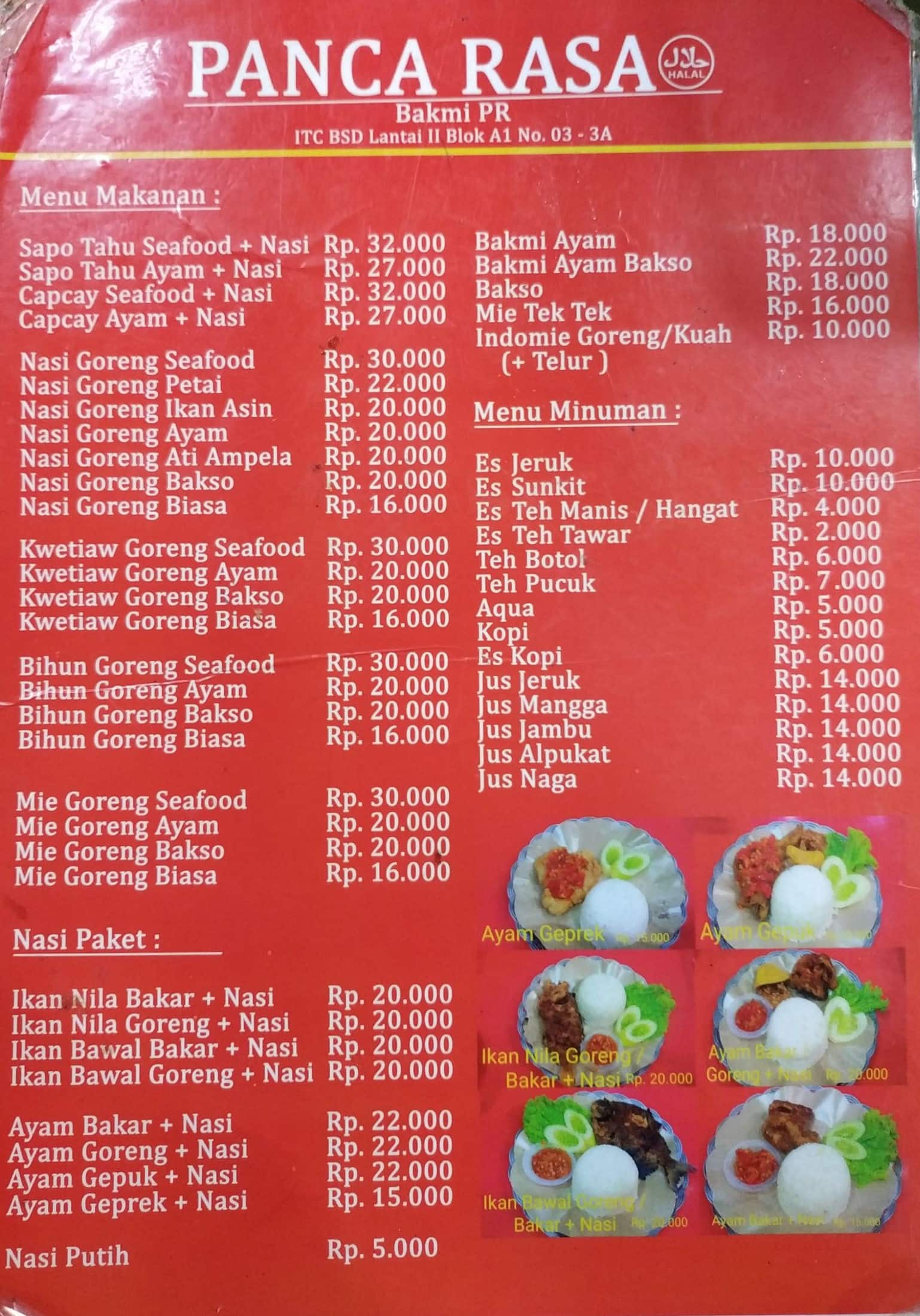 Menu at Panca Rasa cafeteria, Tangerang