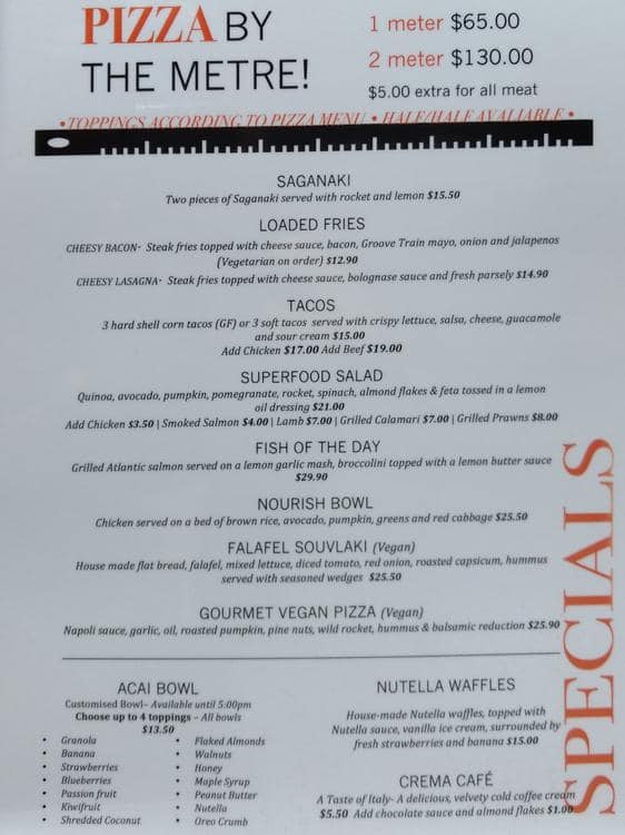 Menu at Groove Train restaurant, Geelong