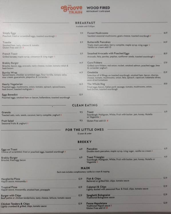Menu at Groove Train restaurant, Geelong