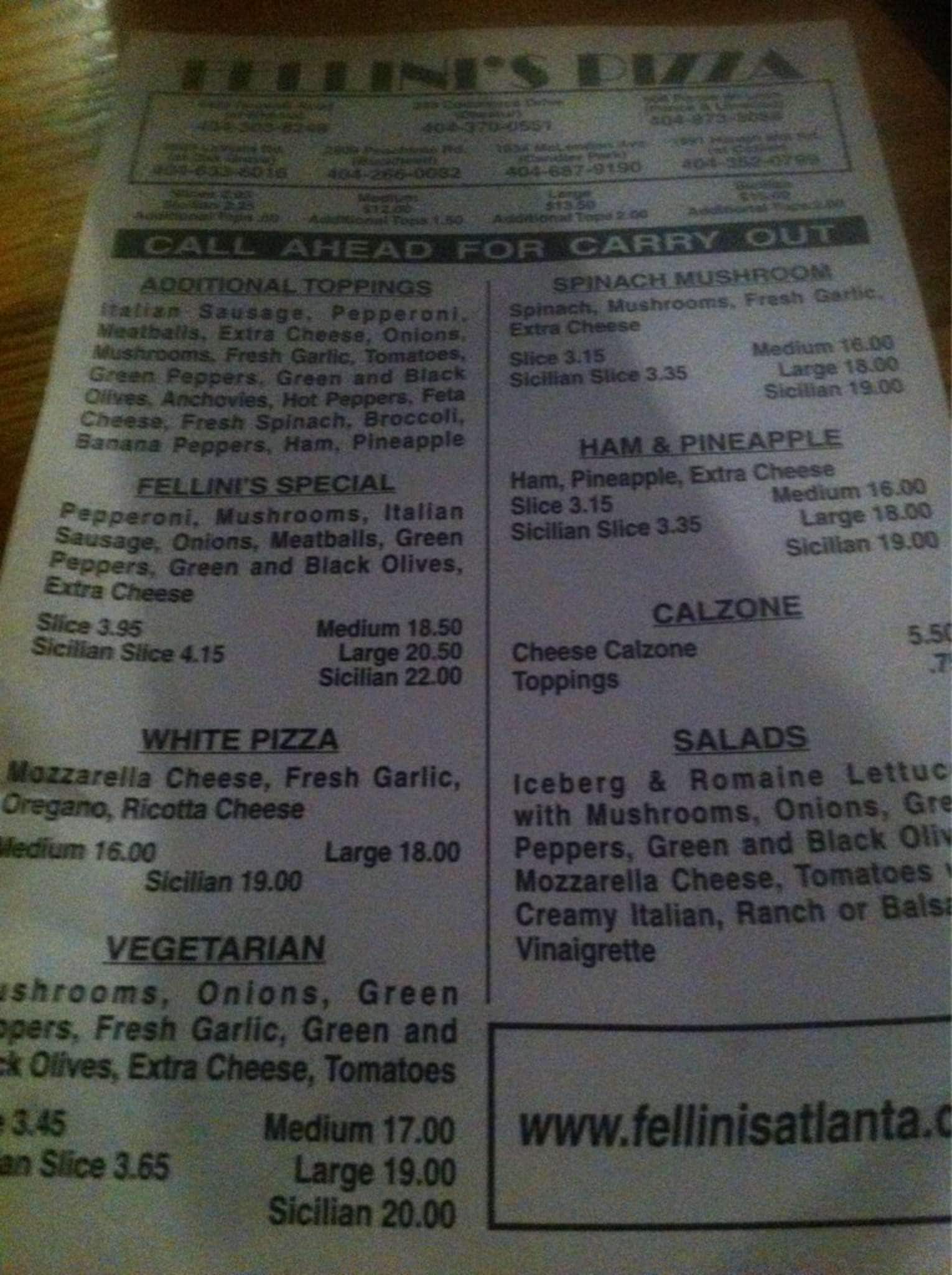 Fellini's Pizza Menu, Menu for Fellini's Pizza, Westside, Atlanta