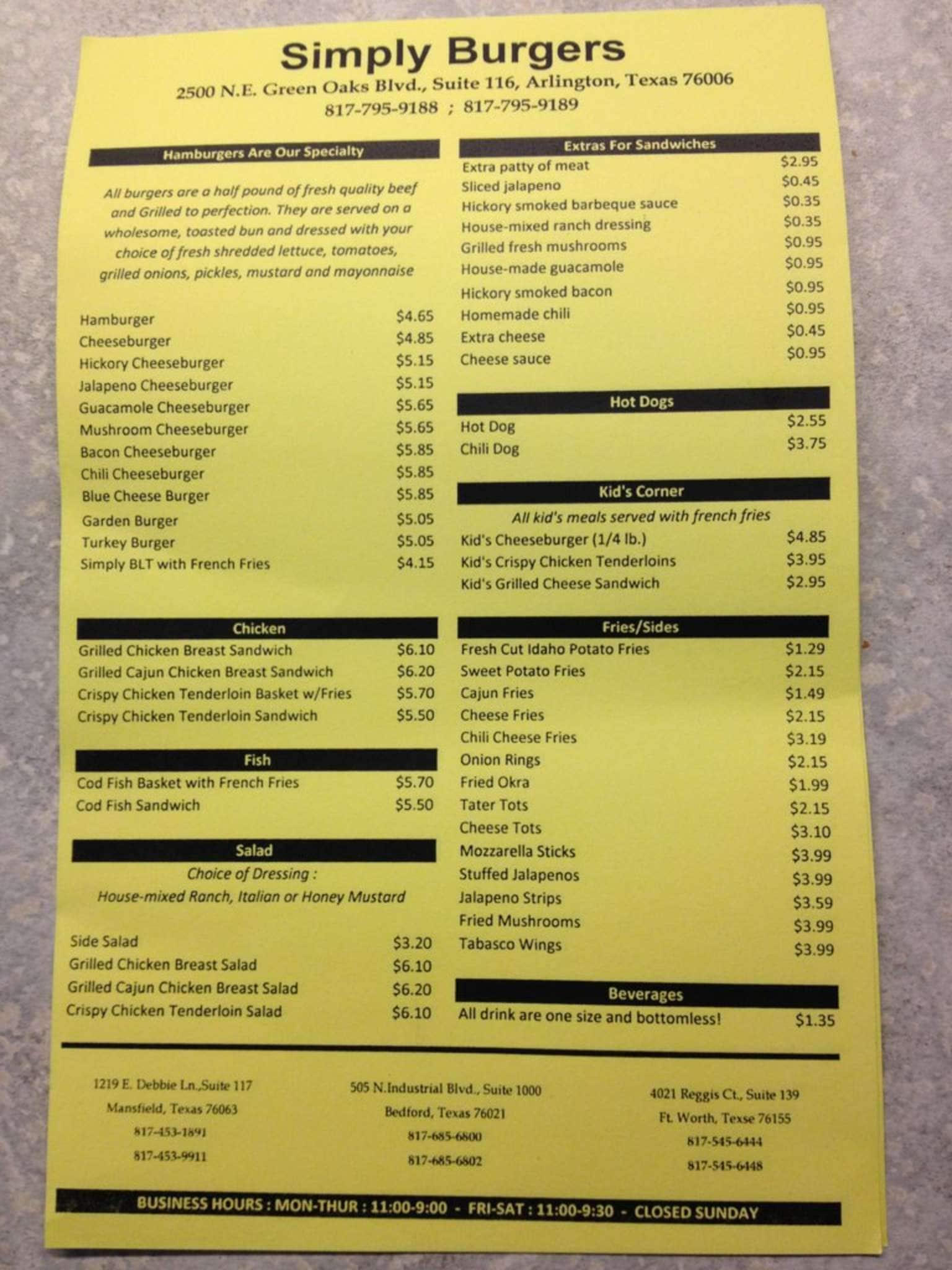 Simply Burgers Menu, Menu for Simply Burgers, Irving, Irving