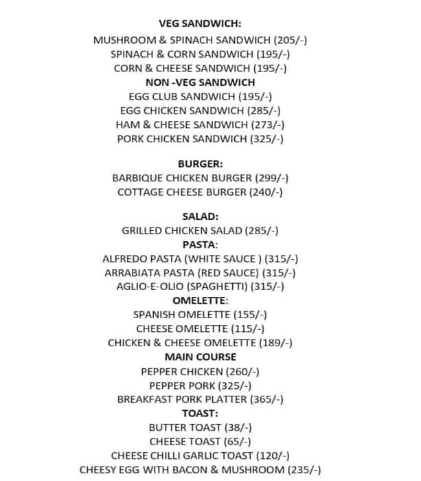 Menu of Noa, Golf Green, Kolkata