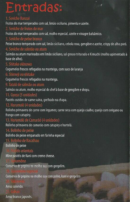 Menu at Banzai Sushi restaurant, Brasília