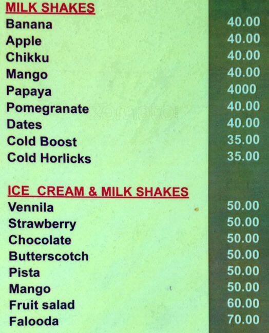 Menu at Meet Point, Chennai