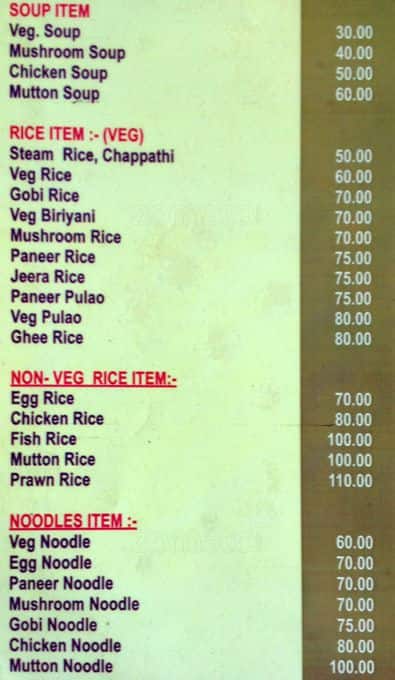 Menu at Meet Point, Chennai