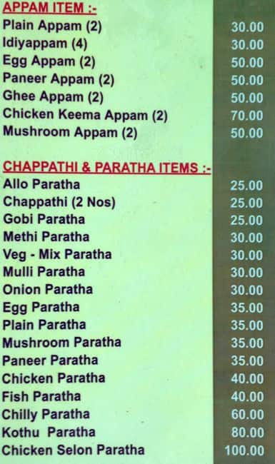 Menu at Meet Point, Chennai