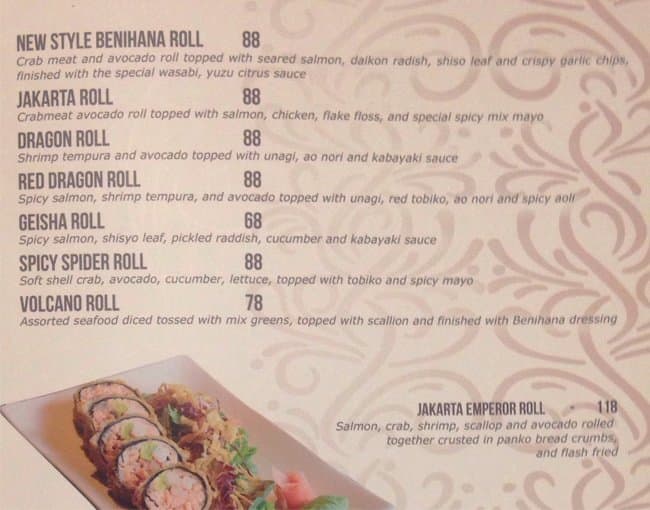 Menu at Benihana restaurant, Jakarta, Plaza Indonesia