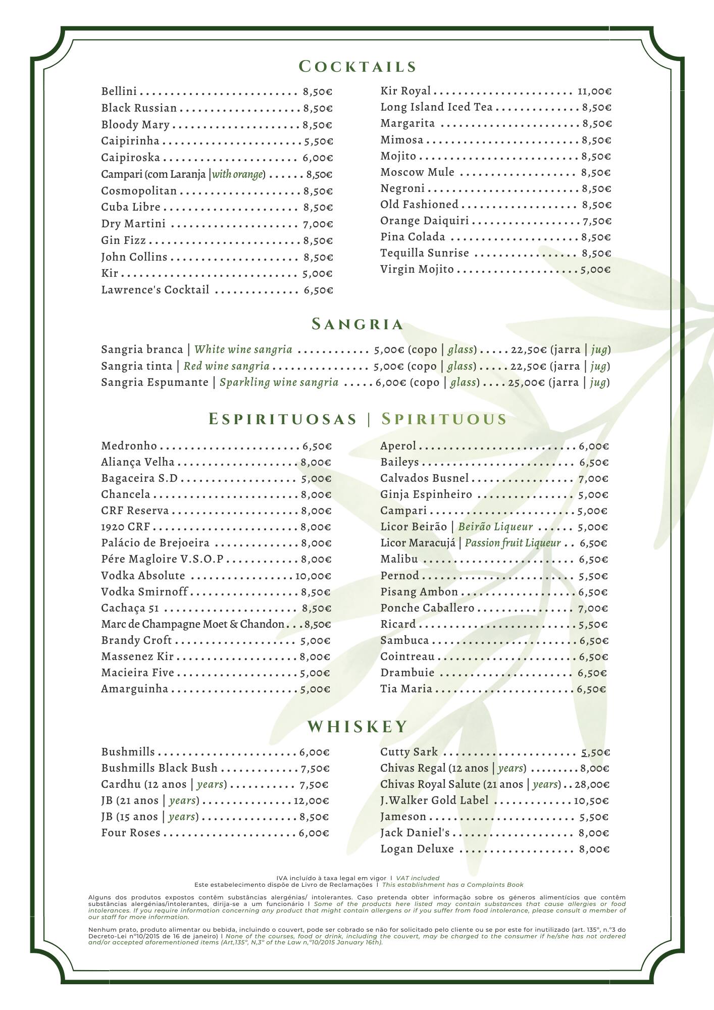 Bar Lawrence S Hotel Menu Menu For Bar Lawrence S Hotel Sintra Centro Lisboa