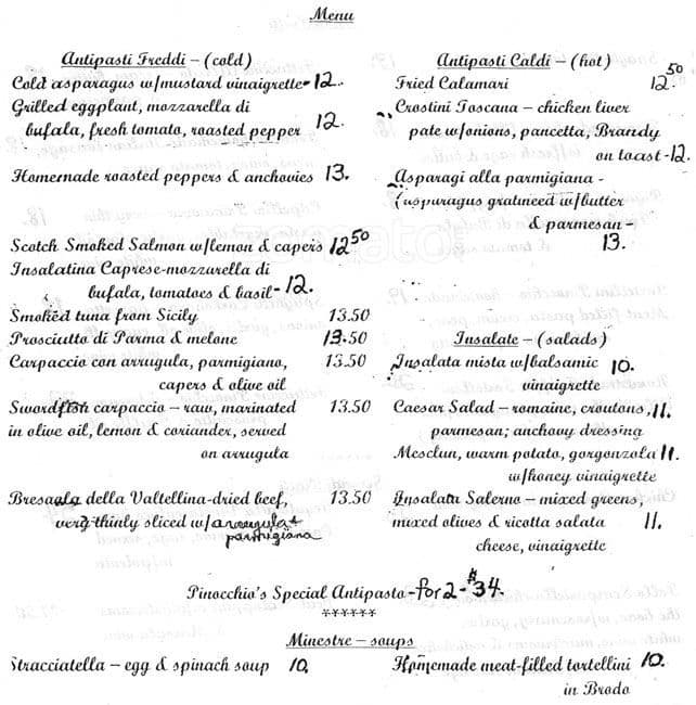 Pinocchio Ristorante Menu, Menu for Pinocchio Ristorante, Upper East ...