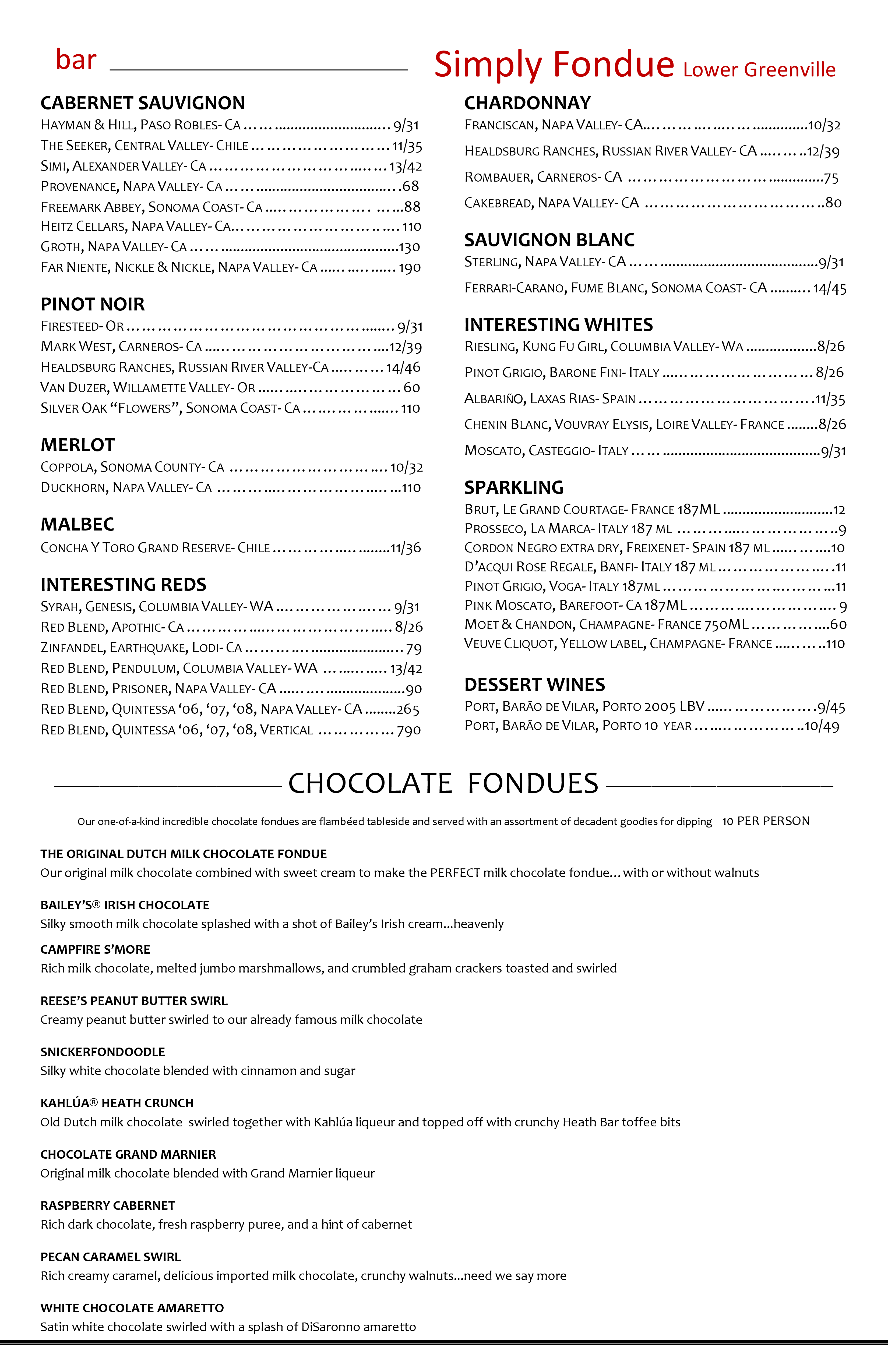 Menu at Simply Fondue restaurant, Dallas