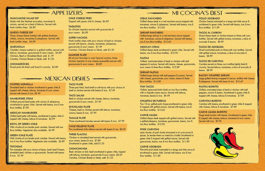 Menu at Mi Cocina restaurant, Littleton