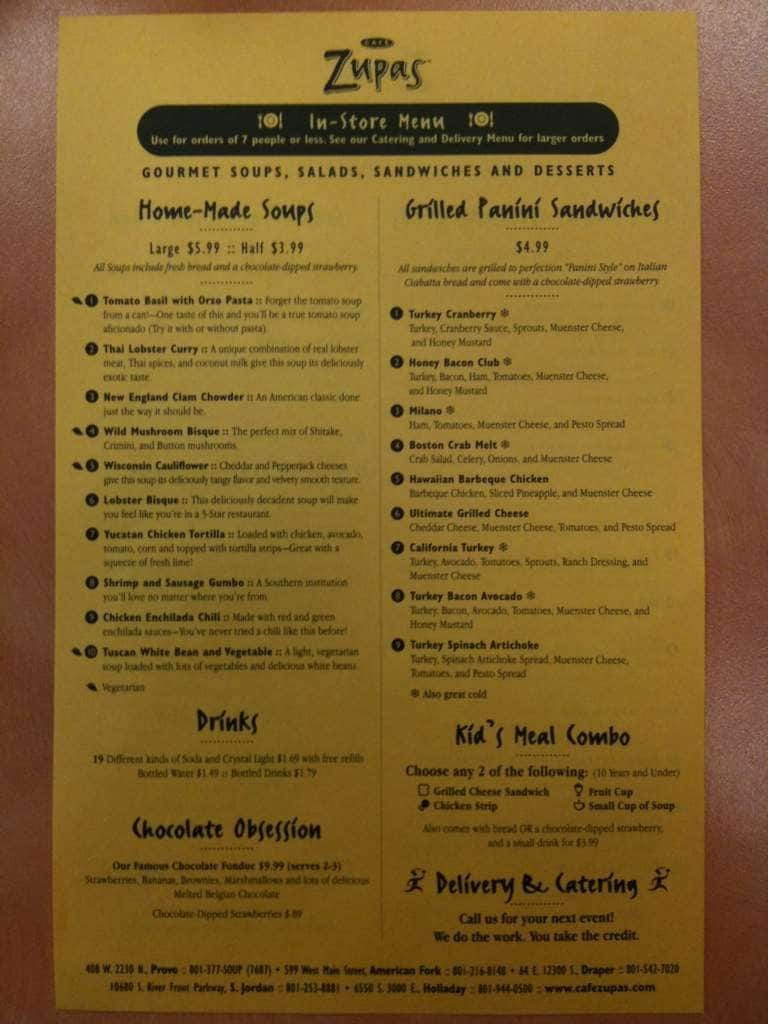 Zupas Printable Menu