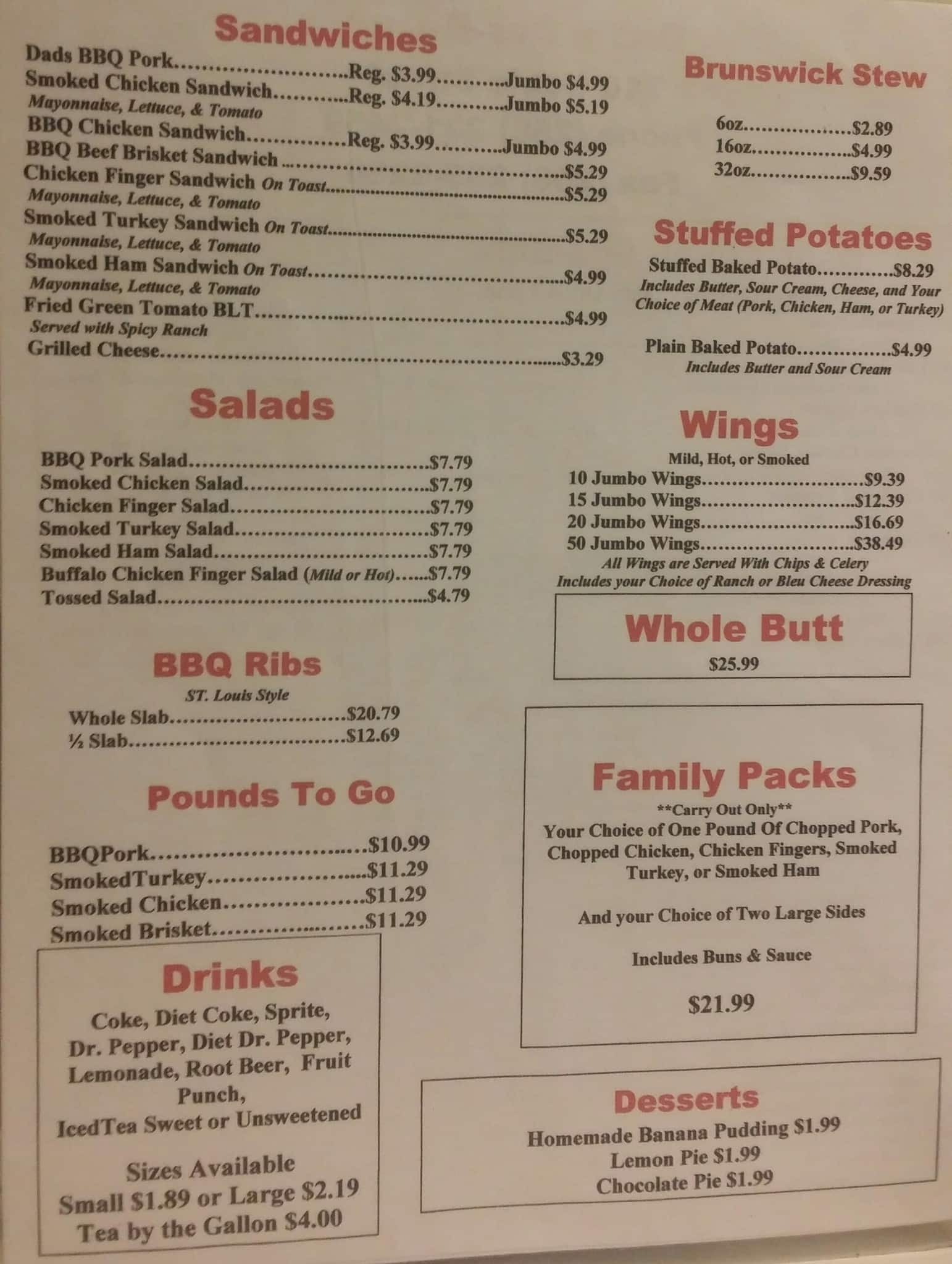 Menu at Dad's BBQ, Anniston, 700 Noble St