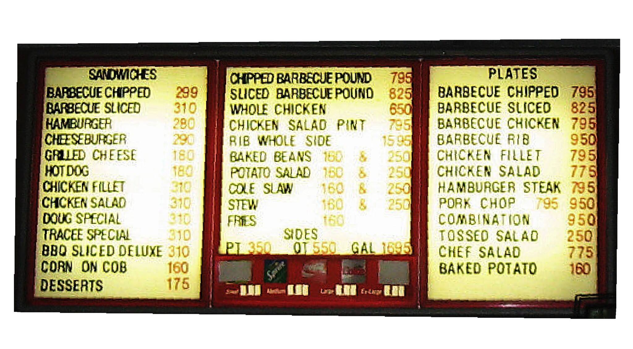 Menu at Scott's BarBQ, Cochran