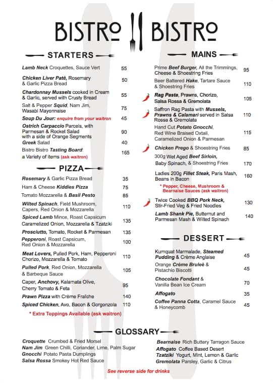 Menu at Bistro Bistro, Nelspruit