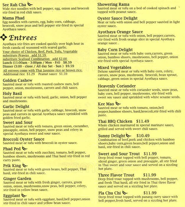 Menu at Ayothaya restaurant, Frederickson