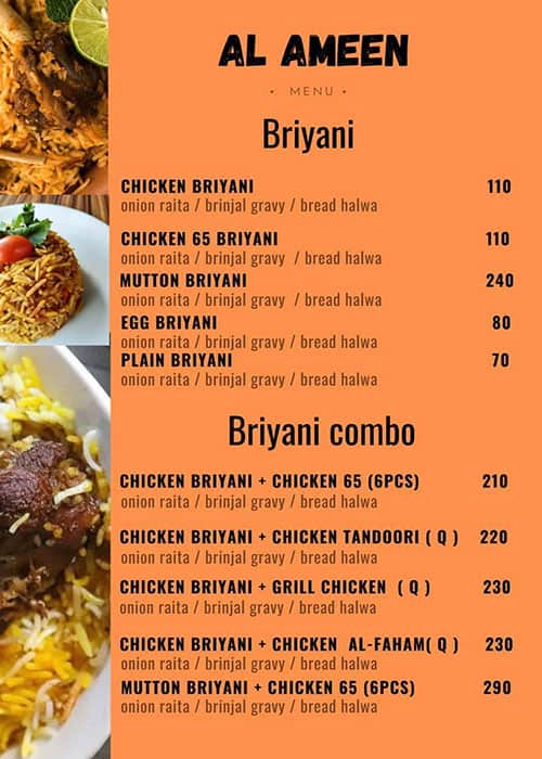 Menu of Al Ameen, Kolathur, Chennai