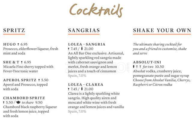 All Bar One menu