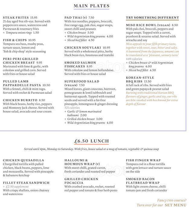 All Bar One menu