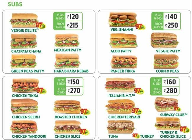 subway menu prices