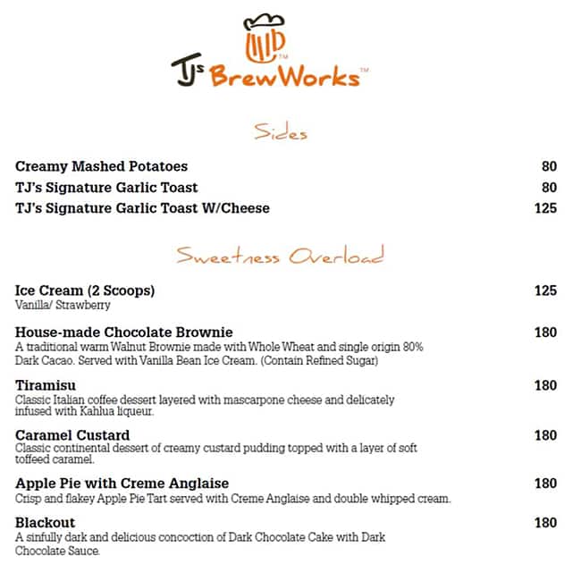 TJ's Brew Works menu