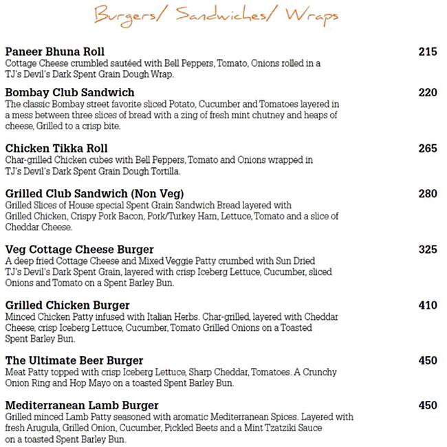 TJ's Brew Works menu