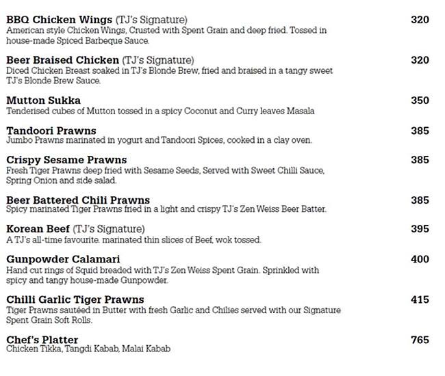 TJ's Brew Works menu