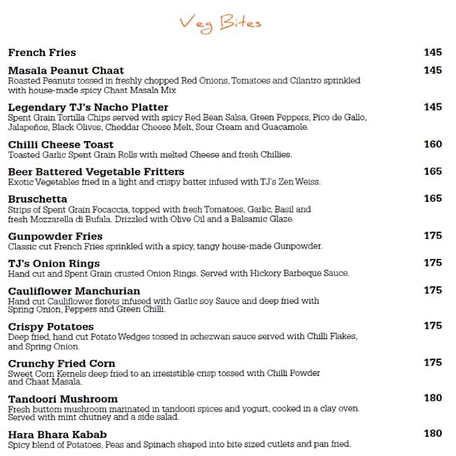 TJ's Brew Works menu