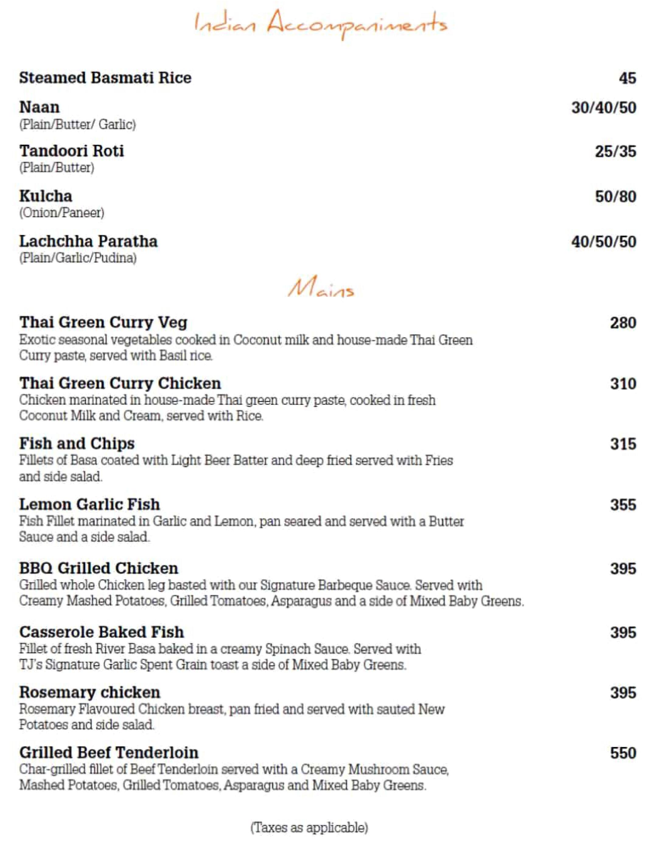 TJ's Brew Works menu