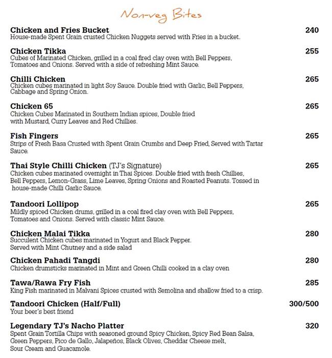 TJ's Brew Works menu