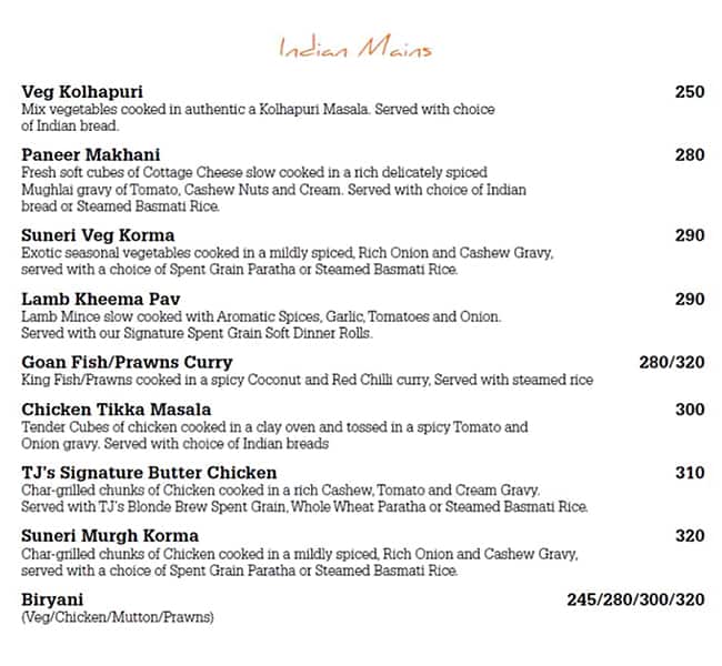 TJ's Brew Works menu