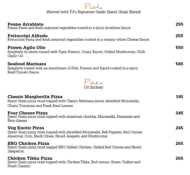 TJ's Brew Works menu