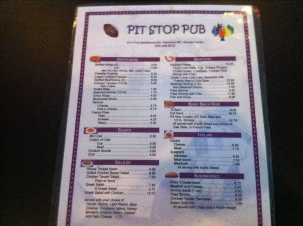 Pit Stop Pub Menu Menu For Pit Stop Pub Curtis Bay Baltimore