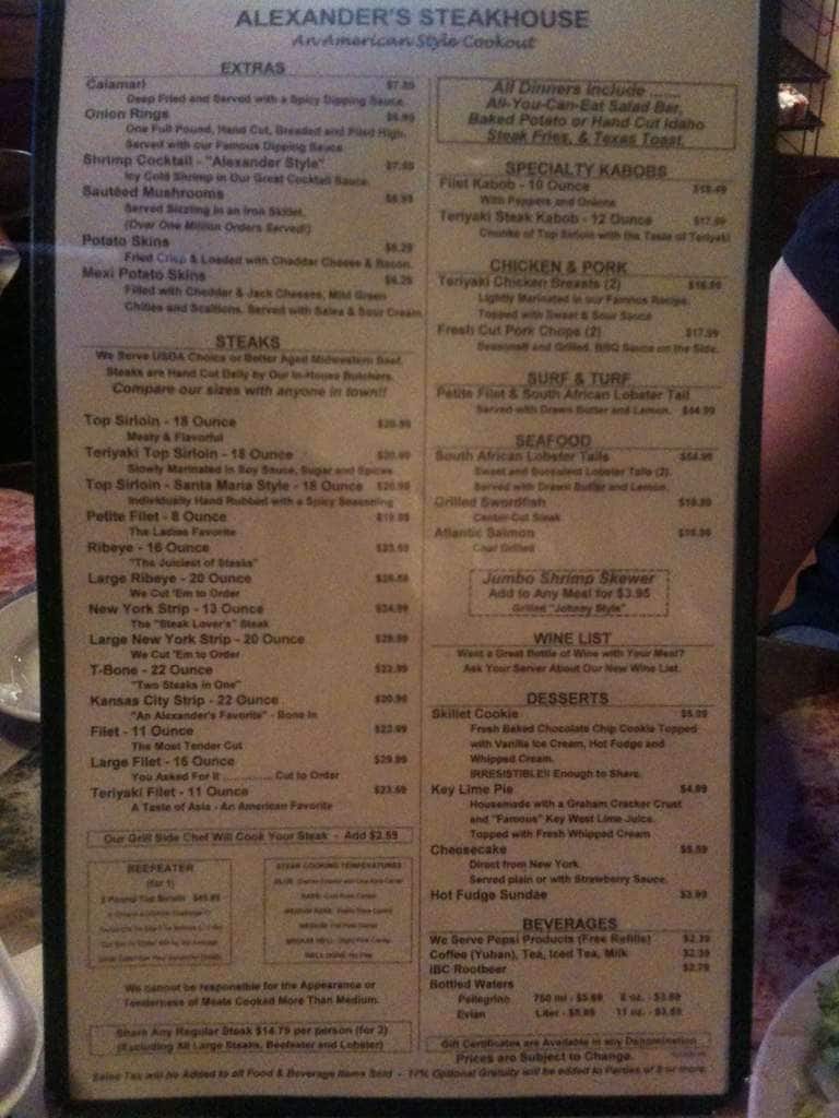 Alexander's Steakhouse Menu Urbanspoon/Zomato