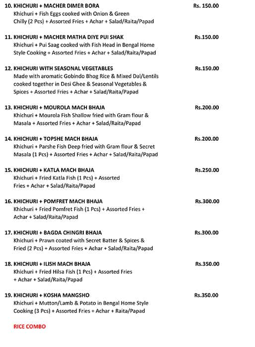 Menu at Khichuri Bhog, Kolkata, AC-130, Near Baisakhi Foot Bridge