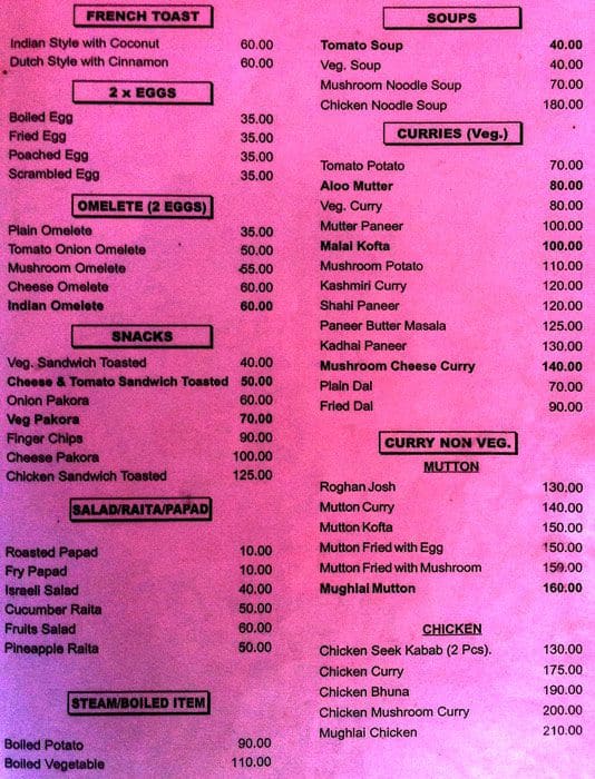 Yash cafe menu