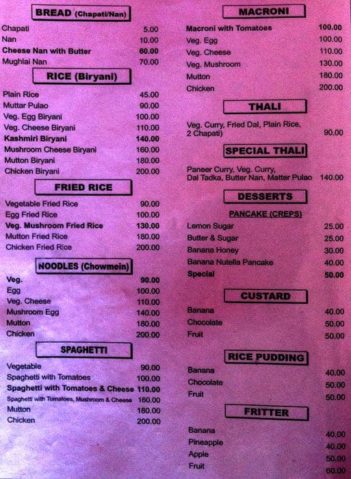 Yash cafe menu