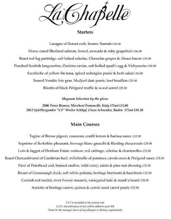 Menu at Galvin La Chapelle restaurant, London