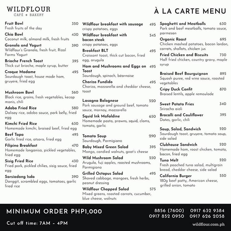 Carta de Wildflour Cafe + Bakery BGC, Taguig, Ground Floor Six/NEO